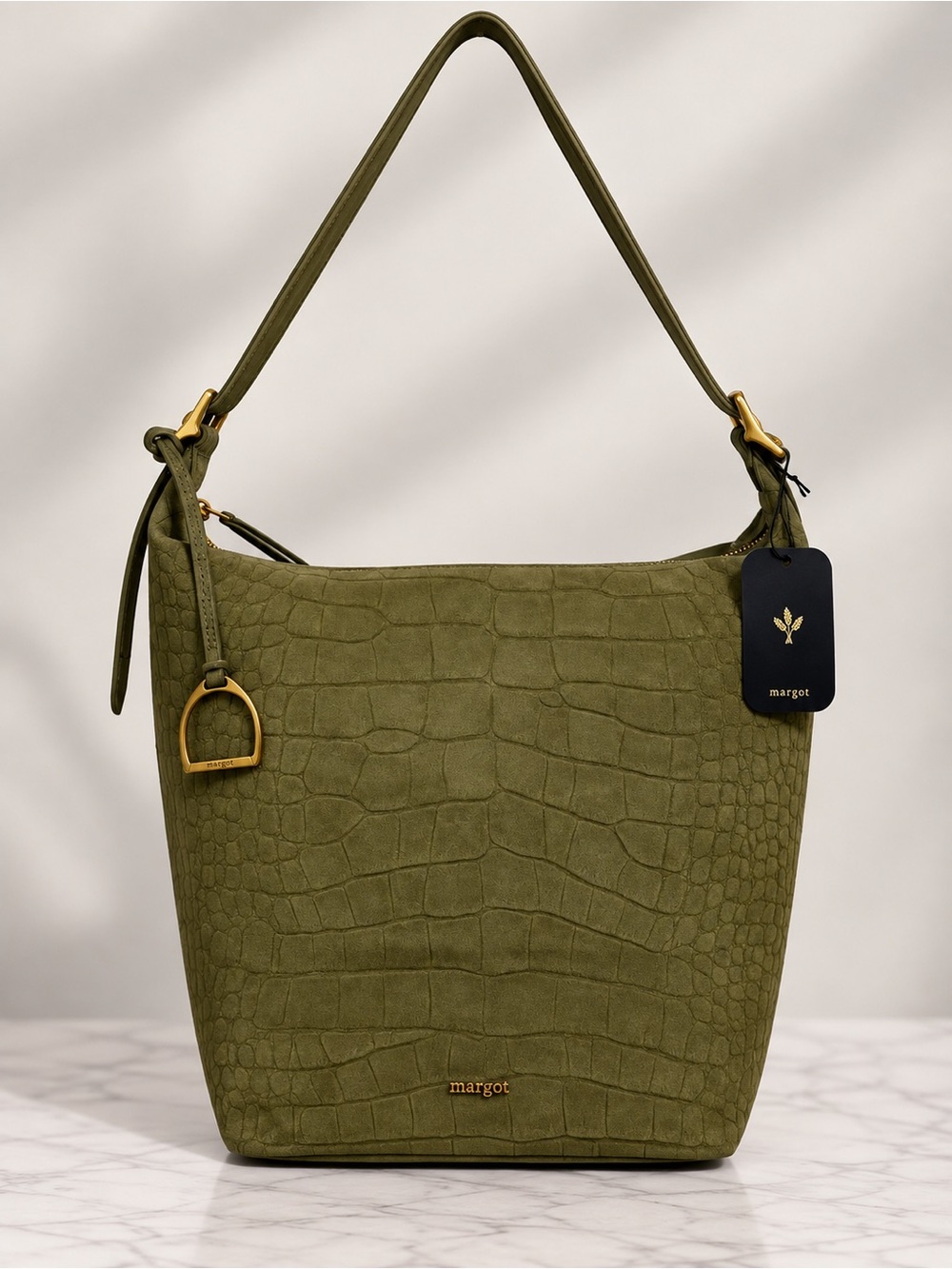 Margot Olive Green Croc-Embossed Suede Shoulder Bucket Bag